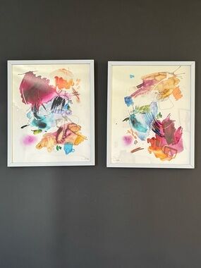 Set of 2 Colorful Abstract Framed Art Prints | 11x14 | Like New